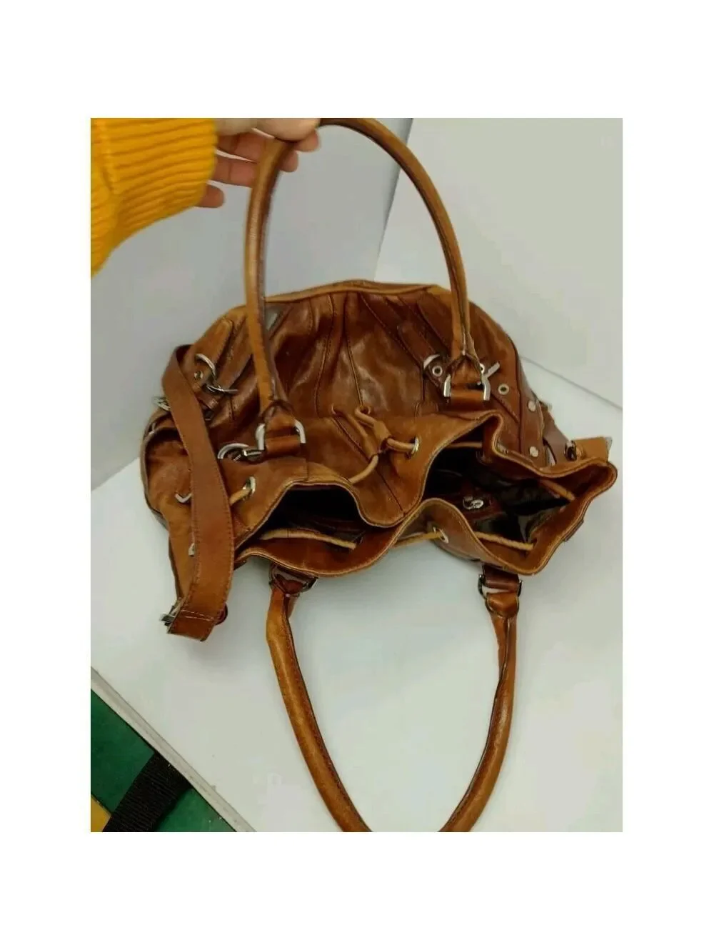 Michael Kors Leather Tote Hobo Shoulder Bag Distressed Look Large Bucket Buckle